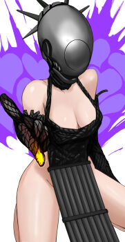 1girl apron black_apron black_gloves bomb_devil_(chainsaw_man) breasts chainsaw_man dynamite elbow_gloves explosive gloves highres medium_breasts no_panties object_head pointing solo sunao_(70_the) white_background