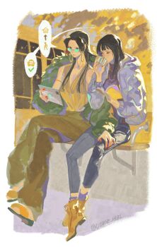 Rule 34 | 2girls, aqua-tinted eyewear, black hair, blunt bangs, boa hancock, book, boots, border, crossed legs, earrings, hebi utage, highres, holding, holding book, jacket, jewelry, long hair, multiple girls, nico robin, one piece, pants, shirt tucked in, sitting, snake earrings, sunglasses, tinted eyewear, twitter username, white border