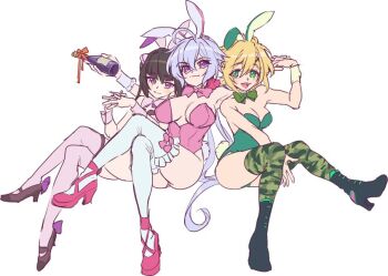 3girls akatsuki_kirika blonde_hair breasts camouflage cleavage closed_mouth commentary_request full_body green_eyes hair_ornament hanakuso large_breasts long_hair looking_at_viewer multiple_girls open_mouth purple_eyes senki_zesshou_symphogear short_hair simple_background smile thighhighs tsukuyomi_shirabe twintails white_background yukine_chris