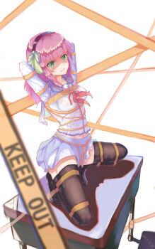 1girl angel_beats! angry arms_behind_head arms_up bdsm bilingual_commentary black_shoes black_thighhighs blue_sailor_collar blue_skirt blunt_bangs blurry blush bondage bound bow breasts caution_tape clenched_teeth commentary crotch_rope crying crying_with_eyes_open dated depth_of_field desk embarrassed english_commentary full_body glaring green_bow green_eyes hair_bow hairband highres keep_out long_sleeves looking_at_viewer medium_breasts medium_hair midriff miniskirt mixed-language_commentary nakamura_yuri navel neckerchief on_desk pleated_skirt purple_hair purple_hairband red_neckerchief rope sailor_collar school_desk school_uniform see-through_clothes see-through_shirt serafuku shaded_face shadow shibari shinda_sekai_sensen_uniform shirt shoes sidelocks simple_background sitting skirt solo squatting tears teeth thighhighs thighs user_ymst2442 v-shaped_eyebrows white_background white_shirt zettai_ryouiki