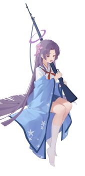 1girl absurdres blue_archive blue_haori commentary fang flower gun hair_flower hair_ornament halo haori highres holding holding_gun holding_weapon invisible_chair japanese_clothes kneehighs long_hair long_sleeves neckerchief open_mouth pink_flower purple_eyes purple_hair red_neckerchief simple_background sitting skin_fang skirt socks solo very_long_hair weapon white_background white_socks wide_sleeves xingye_jing_xuan yukari_(blue_archive)