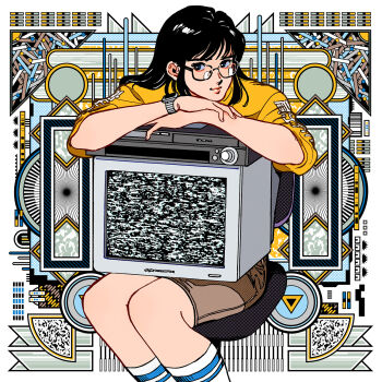 1girl abstract_background black_eyes black_hair brown_shorts chair feet_out_of_frame female_focus glasses highres long_hair long_sleeves original shirt shorts sitting smile socks solo static television white_socks yellow_shirt yoshitake_yamane