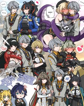 !? ... 1boy 6+girls ? alternate_costume animal_ears astra_yao belle_(zenless_zone_zero) black_gloves black_hair blonde_hair blue_hair breasts brother_and_sister brown_hair caesar_anthonio_zeppeli cleavage commentary crossed_arms english_commentary evelyn_chevalier fox_ears girl_sandwich gloves grey_hair hair_ornament hairband hairclip heart highres hoshimi_miyabi hug ju_fufu kulojawa large_breasts long_hair multicolored_hair multiple_girls multiple_views ponytail red_eyes riding sandwiched siblings spoken_ellipsis spoken_heart streaked_hair tentacles tiger_ears tiger_girl very_long_hair wise_(zenless_zone_zero) ye_shunguang yidhari_murphy zenless_zone_zero zhu_yuan