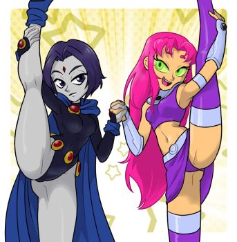 2girls ass blue_cape boots breasts cape colored_sclera colored_skin dc_comics facial_mark forehead_mark green_eyes green_sclera grey_skin holding_hands leg_up leotard long_hair looking_at_viewer miniskirt multiple_girls open_mouth panties pink_hair purple_eyes purple_hair raven_(dc) short_hair simple_background skirt smile split standing standing_on_one_leg standing_split starfire ta-na_(tana351) tamaranean teen_titans teeth thick_thighs thigh_boots thighhighs thighs tongue underwear upper_teeth_only wide_hips
