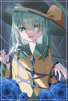 Rule 34 | 1girl, blue flower, blue rose, bow, buttons, collared shirt, commentary request, cutting hair, cutting own hair, diamond button, eyeball, flower, frilled shirt collar, frills, fuyume, glint, green eyes, green hair, green hat, hat, hat bow, highres, holding, holding scissors, komeiji koishi, long hair, long sleeves, open mouth, plant, rose, scissors, shirt, smile, solo, tearing up, tears, third eye, thorns, touhou, twitter username, vines, wide sleeves, yellow bow, yellow shirt