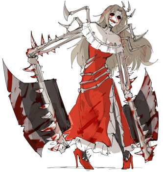 1girl axe bare_shoulders black_sclera blood bloody_tears bone breast_tattoo breasts brown_hair choker cleavage colored_sclera dress e.g.o_(project_moon) flower full_body high_heels kankan33333 large_breasts limbus_company long_dress long_hair project_moon red_dress red_flower red_rose rodion_(project_moon) rose sanguine_desire_(e.g.o) side_cut smile solo tattoo the_red_shoes_(project_moon)