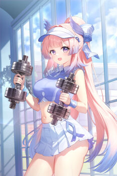 1girl absurdres alternate_costume bare_shoulders blue_shirt bow breasts collared_shirt cowboy_shot crop_top dumbbell fins frilled_shirt frills genshin_impact gradient_hair hair_bow head_fins high_ponytail highres holding holding_dumbbell indoors kuroida long_hair looking_at_viewer medium_breasts midriff miniskirt mixed-language_commentary multicolored_hair navel open_mouth pink_hair pleated_skirt ponytail purple_eyes sangonomiya_kokomi sangonomiya_kokomi_(pulse+) shirt skirt sleeveless sleeveless_shirt smile solo stomach sweat sweatband thighs very_long_hair visor_cap white_skirt