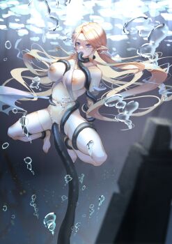 1girl blonde_hair blue_eyes breasts bubble elf large_breasts long_hair point_(artist) pointy_ears tentacles underwater underwater_sex water