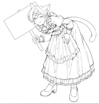 1girl animal_ears apron cat_ears cat_tail dress frills full_body futsuu_no_keion-bu greyscale hair_ornament hand_on_own_hip holding kouyama_rin long_hair long_sleeves looking_at_viewer maid monochrome rra_(yj) smile solo standing tail
