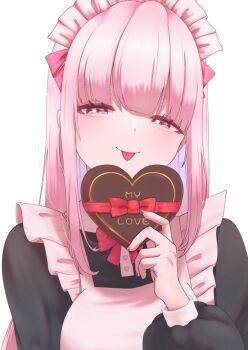 Rule 34 | 1girl, :p, aki sakura, apron, black shirt, box, gift, gift box, heart-shaped box, holding, holding gift, hololive, hololive english, light blush, long hair, maid headdress, mori calliope, pink apron, pink eyes, pink hair, red ribbon, ribbon, shirt, solo, tongue, tongue out, upper body, valentine, very long hair, virtual youtuber, white background