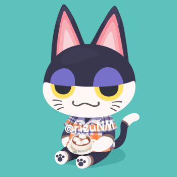 1boy :3 animal_crossing cat_boy commentary cup food furry furry_male green_background holding holding_plate hot_chocolate male_focus marshmallow nintendo plaid_clothes plate punchy_(animal_crossing) rizu_(rizunm) shirt short_sleeves simple_background sitting symbol-only_commentary twitter_username yellow_eyes