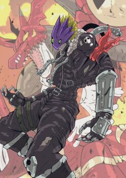 Rule 34 | 1boy, arm guards, bandana, beelzebumon, black gloves, black jacket, black pants, blonde hair, commentary request, demon boy, digimon, digimon (creature), digimon tamers, double barrels, dragon, eye mask, fake claws, gloves, green eyes, jacket, male focus, mask, megidramon, open mouth, pants, profile, purple mask, red bandana, sawa d, sharp teeth, short hair, teeth, third eye