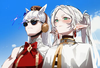 2girls animal_ears blue_sky blunt_bangs blush bow breasts brown_hat capelet choripan closed_mouth cloud commentary dress earrings elf english_commentary floating_earrings frieren glasses gold_ship_(red_strife)_(umamusume) gold_ship_(umamusume) green_eyes grey_hair hat horse_ears horse_girl jewelry long_hair long_pointy_ears looking_at_viewer meme multiple_girls parted_bangs pillbox_hat pointy_ears purple_bow red_bow red_dress sky sleeveless sleeveless_dress sousou_no_frieren sunglasses teardrop_earrings twintails umamusume upward_angle_frieren_drawing_(meme) white_capelet white_hair