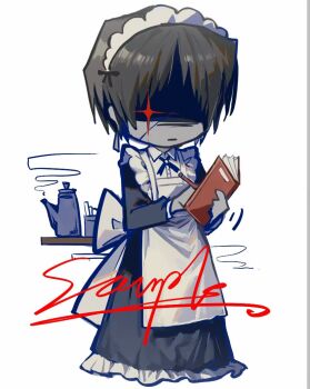 1boy apron back_bow black_dress bow chibi coffee_pot crossdressing crossdressing_(mtf) dress frilled_dress frills full_body g7cdpdto2i6hot6 glint holding holding_notebook holding_pencil limbus_company long_sleeves maid maid_headdress notebook pencil project_moon sample_watermark simple_background solo steam vergilius_(project_moon) watermark white_apron white_background white_bow writing