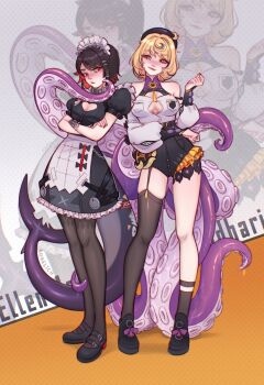 2girls artist_name asymmetrical_shorts bare_shoulders beret black_hair black_hat black_nails black_pantyhose black_shoes black_thighhighs blonde_hair breast_cutout breasts button_gap character_name cleavage cleavage_cutout closed_mouth clothing_cutout colored_inner_hair commentary cowlick crossed_arms detached_sleeves ellen_joe english_commentary fins fish_tail footwear_ribbon frilled_wristband full_body garter_straps grey_background hairband hand_up hat heart_cutout high-waist_shorts highres large_breasts looking_at_another maid_headdress mary_janes metal_hairband mole mole_under_eye multicolored_hair multiple_girls orange_background pantyhose razor_blade_hair_ornament red_nails scar scar_on_tail shark_girl shark_tail shirt shoes short_hair shorts single_garter_strap single_sock single_thighhigh slime_(substance) sobelich socks spiked_headband standing suction_cups tail tentacle_girl tentacle_tail tentacles thighhighs two-tone_background white_shirt yidhari_murphy zenless_zone_zero zoom_layer