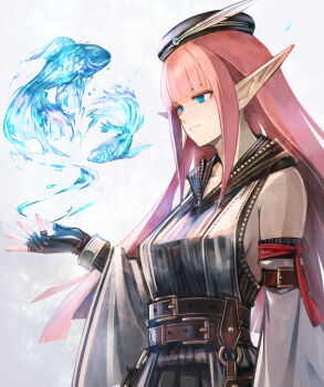 1girl arm_ribbon belt belt_buckle black_dress black_gloves black_hat blue_eyes blunt_bangs breasts brown_belt buckle commentary_request detached_sleeves dress fingerless_gloves fish gloves hand_up hat hat_feather hood hood_down hooded_dress long_hair long_pointy_ears magic medium_breasts multiple_belts original pink_hair pointy_ears red_ribbon ribbon sideboob sidelocks sleeveless sleeveless_dress smile solo sushi_(sashimise) upper_body white_background white_sleeves wide_sleeves