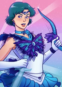 Rule 34 | 1girl, absurdres, armpit crease, back bow, belly chain, bishoujo senshi sailor moon, blue eyes, blue gem, blue hair, blue lips, blue sailor collar, blue skirt, bow, choker, circlet, collarbone, dark mercury, earrings, gem, gloves, golgothasart, heart, heart earrings, highres, jewelry, light blush, lips, looking at viewer, mizuno ami, parted bangs, pretty guardian sailor moon, sailor collar, sailor mercury, sailor senshi uniform, skirt, smile, sword, weapon, white gloves