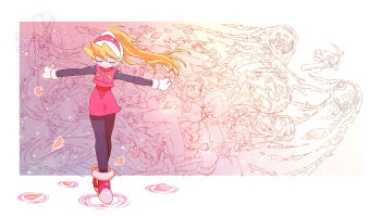 1girl 6+others android black_pantyhose blonde_hair blush body_armor bodystocking boots breasts cherry_blossoms ciel_(mega_man) crossed_legs cyber_elf_(mega_man) cyber_elf_x_(mega_man) dark_elf elf falling_petals flying forehead_jewel full_body gloves helmet high_ponytail jewelry kneehighs long_hair may_(nicoseiga_32709921) mechanical_ears mega_man_(series) mega_man_zero_(series) multiple_others no_armor official_style open_mouth outstretched_arms pantyhose petals pink_helmet pink_top pointy_ears ponytail robot robot_ears robot_girl simple_background small_breasts smile socks white_gloves x_(mega_man)