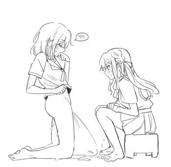 17aijo 2girls bang_dream! bang_dream!_it's_mygo!!!!! barefoot chinese_commentary closed_eyes commentary greyscale hanasakigawa_school_uniform highres kneeling long_hair medium_hair misumi_uika monochrome multiple_girls peeing pleated_skirt school_uniform sidelocks simple_background sitting skirt spoken_blush togawa_sakiko white_background