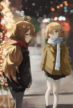 2girls absurdres ahoge black_jacket black_shoes black_skirt blue_eyes blurry blush brown_hair christmas closed_mouth commentary depth_of_field english_commentary evil_neuro-sama feet_out_of_frame grey_pantyhose grin hair_between_eyes hair_ornament hair_ribbon heart heart_hair_ornament highres jacket long_hair long_sleeves looking_at_viewer mbkona miniskirt multiple_girls neuro-sama night outdoors pantyhose pleated_skirt red_eyes red_ribbon red_scarf ribbon scarf shoes siblings sisters skirt sleeves_past_wrists smile standing twins two_side_up vedal_ai virtual_youtuber white_pantyhose white_scarf yellow_jacket