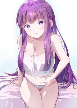 1girl bed_sheet belly_grab blunt_bangs blush breasts camisole cleavage closed_mouth collarbone commentary_request fern_(sousou_no_frieren) grabbing_own_stomach hair_flowing_over highres large_breasts long_hair looking_at_viewer miree_030 panties purple_eyes purple_hair sitting skindentation solo sousou_no_frieren stomach straight_hair strap_slip thigh_gap thighs underwear very_long_hair weight_conscious white_camisole