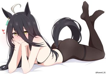 1girl absurdres ahoge animal_ears ass bikini bikini_top_only black_bikini black_hair black_pantyhose breasts closed_mouth highres horse_ears horse_girl horse_tail long_hair lying manhattan_cafe_(umamusume) micro_bikini on_stomach pantyhose roswell_ss simple_background small_breasts smile solo swimsuit tail umamusume white_background yellow_eyes