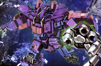 absurdres battle beam_cannon blurry blurry_foreground cable damaged debris finger_cannon glowing gundam gundam_perfect_file gundam_zz highres io_takuya machinery magazine_scan mecha mecha_focus mobile_armor neo_zeon no_humans one-eyed painting_(medium) psycho_gundam_mk_ii robot scan scene_reference science_fiction solo titans_(gundam) traditional_media v-fin yellow_eyes zeta_gundam