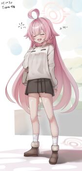 1girl :d ^_^ absurdres ahoge black_skirt blue_archive blush brown_shoes closed_eyes commentary_request full_body halo highres hoshino_(blue_archive) legs long_hair open_mouth pink_hair pink_halo shoes skirt smile socks solo standing ticker_(kks2ksy) very_long_hair white_socks