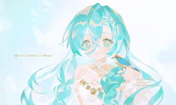 1girl 37_(down_in_the_grotto)_(reverse:1999) 37_(reverse:1999) =m=_(0x0_8x8) absurdres bare_shoulders bird bird_on_hand blue_background blue_eyes blue_hair cape closed_mouth commentary hair_between_eyes hand_up highres long_hair looking_at_viewer official_alternate_costume one-piece_swimsuit pastel_colors reverse:1999 smile solo swimsuit twitter_username two-tone_background upper_body white_background white_cape white_one-piece_swimsuit