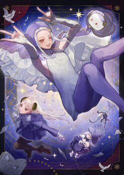 \m/ absurdres bird black_sclera book capcom_fighting_jam cape colored_sclera commentary_request dark_ingrid_(capcom) dove escoffion fingerless_gloves gloves hairpods hat heart heart_hands highres ingrid_(capcom) ingrid_(midnight_bliss)_(capcom) midnight_bliss monoid_(street_fighter) multiple_persona official_alternate_costume open_book pantyhose purple_cape purple_hat red_eyes skirt street_fighter street_fighter_6 takai_misa top_hat white_hair