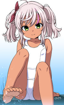 1girl artist_name barefoot blue_background collarbone comandante_cappellini_(kancolle) dark-skinned_female dark_skin feet_out_of_frame flat_chest gradient_background green_eyes i-503_(kancolle) kantai_collection light-skinned_soles loli long_hair looking_at_viewer moti_coi multicolored_hair old_school_swimsuit one-hour_drawing_challenge one-piece_swimsuit pink_hair school_swimsuit smile solo streaked_hair swimsuit twintails white_background white_one-piece_swimsuit