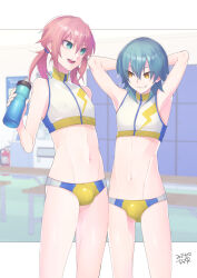 Rule 34 | 2boys, absurdres, aqua hair, armpits, arms up, bikini, bulge, flask, green eyes, hair ornament, highres, holding, holding flask, memeo (candy house), midriff, multiple boys, navel, open mouth, original, red hair, stomach, swimsuit, teeth, tongue, trap, twintails, yellow eyes