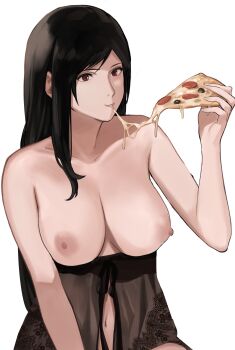 1girl babydoll bare_shoulders black_hair breasts breasts_out cleavage collarbone eating female_focus final_fantasy final_fantasy_vii food highres holding holding_food italian_senate_porn_livestream_(meme) j@ck large_breasts lingerie long_hair looking_at_viewer meme navel negligee nipples pizza red_eyes solo square_enix swept_bangs tifa_lockhart topless_female underwear