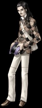 1boy bag bead_bracelet beads black_hair bracelet brown_shoes closed_mouth facial_hair full_body goatee grey_eyes hat highres hijiri_jyouji holding holding_unworn_clothes holding_unworn_hat jewelry kazuma_kaneko mustache official_art pants ring satchel shin_megami_tensei shin_megami_tensei_iii:_nocturne shoes simple_background solo standing third-party_source transparent_background unworn_hat unworn_headwear white_pants