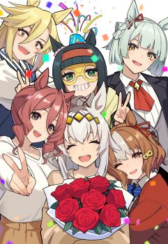 6+girls absurdres ahoge animal_ears belno_light_(umamusume) blonde_hair brown_hair closed_eyes drill_hair flower fujimasa_march_(umamusume) glasses green_hair grin hair_between_eyes hair_ornament hairclip highres holding holding_flower horse_ears horse_girl long_hair looking_at_viewer mini_the_lady_(umamusume) multiple_girls norn_ace_(umamusume) oguri_cap_(starlight_beat)_(umamusume) oguri_cap_(umamusume) open_mouth reibun_(raven1119) rudy_lemono_(umamusume) sharp_teeth shirt short_hair side_drill smile teeth umamusume umamusume:_cinderella_gray v white_hair white_shirt yellow_eyes