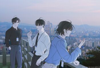 Rule 34 | 1girl, 2boys, against railing, alternate costume, balcony, black hair, black necktie, black shirt, blue shirt, bob cut, cigarette, cityscape, collared shirt, elbow rest, feet out of frame, fog, han sooyoung, hands in pockets, highres, holding, holding cigarette, id card, kim dokja, long sleeves, mountainous horizon, multiple boys, necktie, omniscient reader's viewpoint, outdoors, railing, shirt, shirt tucked in, short hair, sion 428, smoking, white shirt, yoo joonghyuk