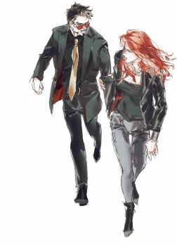 1boy 1girl 4istfuerimmer avengers_(series) belt black-framed_eyewear black_belt black_boots black_hair black_jacket black_pants black_shirt black_shoes black_tank_top blonde_hair boots breasts brown_eyes closed_mouth collarbone collared_shirt colored_inner_hair facial_hair floating_hair formal_clothes full_body grabbing_another's_arm green_eyes grey_pants highres jacket lapels leather leather_jacket long_hair long_sleeves looking_at_another marvel medium_breasts multicolored_hair natasha_romanoff necktie open_clothes open_jacket pants red-tinted_eyewear red_hair red_jacket shirt shoes short_hair simple_background suit suit_jacket sunglasses tank_top tinted_eyewear tony_stark two-sided_fabric two-sided_jacket v-shaped_eyebrows walking white_background yellow_necktie