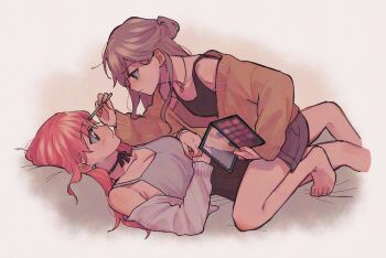 2girls applying_another&#039;s_makeup applying_makeup barefoot black_choker black_skirt black_tank_top blush breasts brown_eyes brown_hair choker cleavage closed_mouth grey_shorts grey_tank_top highres holding_makeup_palette jewelry lesbians_doing_makeup_(meme) long_hair medium_breasts meme multiple_girls necklace original pink_hair shorts skirt straddling tank_top thai_commentary toes translation_request yogurt_pt yuri