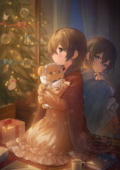 blanket brown_hair christmas christmas_tree commentary_request cozy dress gift highres kaisake_(utp) medium_hair pensive stuffed_animal stuffed_toy teddy_bear winter