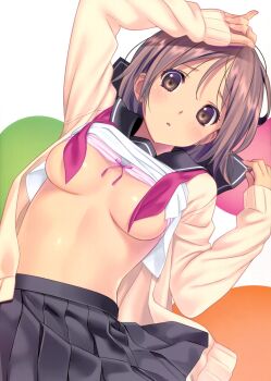 1girl absurdres arms_up blush bra bra_lift breasts brown_eyes brown_hair cardigan clothes_lift convenient_censoring female_focus highres koutaro long_sleeves looking_at_viewer lying medium_breasts on_back parted_lips pink_bra pinky_out pleated_skirt scan school_uniform serafuku shirt_lift simple_background skirt sleeves_past_wrists solo underwear