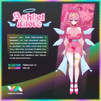 1girl ahoge angel armband artliel ashliel_ailove asymmetrical_legwear blue_sash bodysuit bow bow_earrings breasts choker cupid detached_sleeves detached_wings earrings eyeshadow facial_mark full_body gold_armband gold_headband gradient_eyes halo headband heart heart-shaped_mole heart-shaped_pupils heart-shaped_thong heart_ahoge heart_facial_mark heart_pasties highres jewelry large_breasts legband makeup mole mole_under_mouth multicolored_eyes panties_visible_through_clothes pasties pendant pink_bodysuit pink_hair reference_sheet sash see-through_clothes shiqila short_twintails sleeveless solo symbol-shaped_pupils thighhighs twintails vir2alverse virtual_youtuber white_thighhighs wide_hips wings