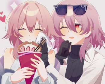 2girls asahi_(sky_asahi) closed_eyes commentary dual_persona evernight_(honkai:_star_rail) evernight_(lurking)_(honkai:_star_rail) food fruit gloves hair_between_eyes heart highres holding holding_food honkai:_star_rail honkai_(series) march_7th_(feast)_(honkai:_star_rail) march_7th_(honkai:_star_rail) multiple_girls napkin off_shoulder one_eye_closed pink_hair red_eyes shirt sleeveless sparkle strawberry sunglasses turtleneck yuri