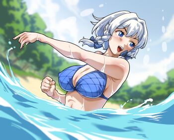 1girl bare_arms bikini blue_bikini blue_bow blue_eyes blurry blurry_background bow braid breasts cleavage h.dupp_(nama_aakiruu) izayoi_sakuya large_breasts partially_submerged sand smile splashing stomach swimming swimsuit synchronized_swimming teeth touhou tree twin_braids upper_teeth_only water wet white_hair