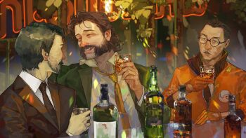 3boys absurdres alcohol beard black_eyes black_hair black_jacket black_necktie black_suit blazer blush bomber_jacket bottle brown_hair collared_shirt commentary cup disco_elysium drunk english_commentary facial_hair formal_clothes glasses gloves grin half-closed_eyes hand_up harry_du_bois highres holding holding_cup jacket jean_vicquemare kim_kitsuragi kozmoraven1610 lens_flare looking_at_another male_focus multiple_boys necktie night nose_blush orange_gloves orange_jacket outdoors parted_lips plant shirt short_hair smile suit upper_body white_shirt yellow_necktie