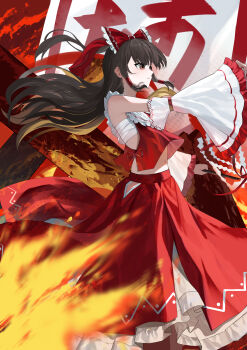 1girl absurdres adapted_costume ascot bow brown_eyes brown_hair chest_sarashi chinese_commentary clothing_cutout commentary_request detached_sleeves fire frilled_bow frilled_skirt frilled_sleeves frills gohei hair_bow hair_tubes hakurei_reimu highres hip_vent holding holding_gohei long_hair midriff_peek navel red_bow red_skirt sarashi skirt skirt_set solo touhou yellow_ascot zheng_yu_qi_sheng