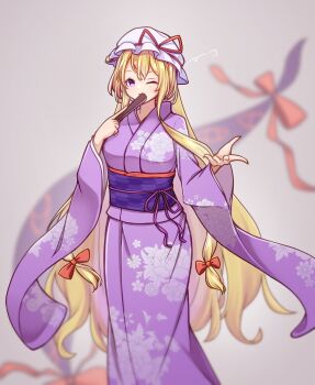1girl absurdres alternate_costume blonde_hair bow breasts brown_background commentary_request fan_over_face floral_print folded_fan folding_fan furisode gap_(touhou) hair_bow hand_fan hashi2387 hat hat_ribbon highres holding holding_fan japanese_clothes kimono long_hair long_sleeves looking_at_viewer mob_cap obi obiage obijime one_eye_closed print_kimono purple_eyes purple_kimono purple_sash red_bow ribbon sash smile solo touhou very_long_hair white_hat wide_sleeves yakumo_yukari