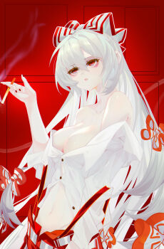 1girl absurdres bare_shoulders bow breasts cigarette collarbone commentary expressionless fujiwara_no_mokou hair_bow hair_ribbon highres holding holding_cigarette large_breasts long_hair loose_clothes loose_shirt mei_gushi_de_shen_yue midriff nail_polish navel pants parted_lips red_background red_eyes red_nails red_pants ribbon shirt smoke smoke_trail smoking symbol-only_commentary touhou very_long_hair white_hair white_shirt