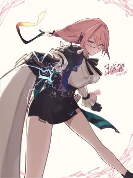 1girl armor black_gloves black_shoes black_skirt blurry blurry_foreground breasts character_name commentary_request dress_shirt earpiece electricity feet_out_of_frame glasses gloves hair_between_eyes hair_intakes high-waist_skirt highres holding holding_weapon incoming_attack large_breasts long_hair looking_at_viewer mirimiri21 naginata open_mouth pencil_skirt pink_eyes pink_hair polearm ring_hair_ornament shirt shoes shoulder_armor skirt solo tsukishiro_yanagi twitter_username weapon white_background white_shirt zenless_zone_zero