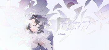 1girl :d absurdres black_eyes black_hair bob_cut character_name coat falling_paper glitch grin han_sooyoung hand_on_own_chest highres hugging_object lens_flare omniscient_reader&#039;s_viewpoint open_clothes open_coat open_mouth reflective_surface roellm short_hair smile solo upper_body white_coat