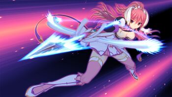 1girl armor boots bow_(weapon) breasts cleavage dress elbow_gloves en_ciel_rena en_ciel_rena_(sin) full_body game_cg gloves holding holding_weapon horns knee_boots kourin_tenshi_en_ciel_rena large_breasts large_variant_set long_hair looking_at_viewer non-web_source official_art pink_hair pink_thighhighs polearm ponytail red_eyes red_hair saitou_natsuki skirt solo spear suhamaya thighhighs tomoe_rena variant_set weapon zettai_ryouiki
